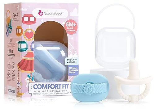 NatureBond Baby Pacifier Dummy Soother Silicone Binky Newborn Teether Pacifiers 2 in 1, Ultra-Light, Curved for Comfort | Hygiene Cover | (6 Months Above, Bubble Blue and Ivory Cream)