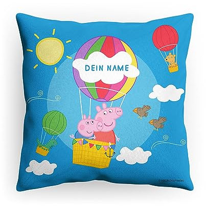 PICANOVA Peppa Wutz Kissen mit Name - Plüsch Dekokissen mit Füllung - Personalisiertes Peppa Wutz Kopfkissen für Kinder - Individuell Geschenk für Kinder - George im Luftballon - 40x40cm