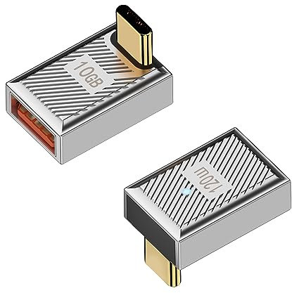QIANRENON Adattatore da 120 W a 90 ° da USB C a USB3.1 OTG da 10 Gbps da USB C a USB 3.1 femmina ad angolo retto, connettore dati in lega Zn/LED, per Phone Tablet Steam Deck, 2 pezzi (curva positiva)