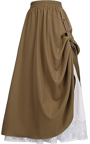 CAMDOM Jupe Renaissance médiévale à Taille élastique pour Femme - Jupe trapèze Double Couche en Dentelle - Longue Robe Victorienne