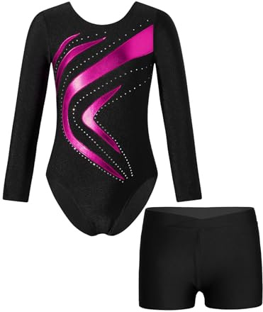 Aislor Kinder Gymnastikanzug Mädchen Glitzer Turnanzug Langarm Tanzbody Mit Gymnastik Shorts Strass Turnbody Ballett Ballettkleidung Trikotbody Dunkelrosa 134-140