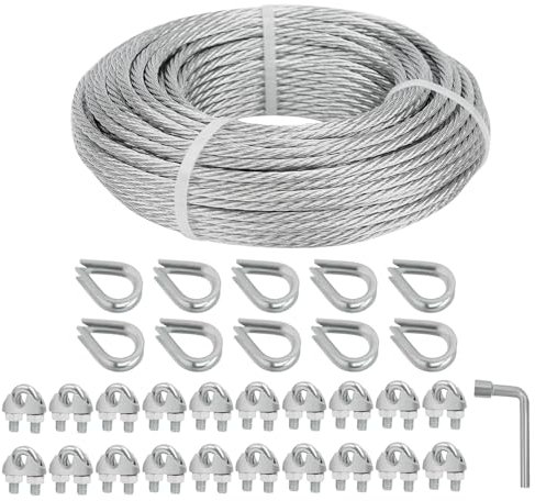hannger Cavo in acciaio zincato, cavo in acciaio zincato da 3/16 di pollice con morsetto per corda e ditale, cavo aereo 7 x 7 fili utilizzato per capannoni ancorati, recinzioni, parasole,