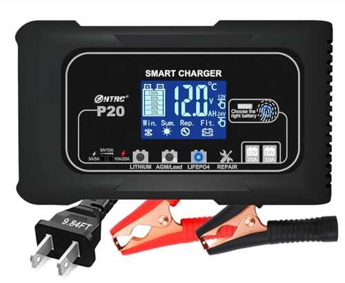 iSunergy 20 Amp Automotive 12V/20A & 24V/10A Lead-Acid(AGM/Gel/SLA), LiFePO4 Lithium Battery Charger, Portable Trickle Charger Deep Cycle Battery Maintainer for Car Boat Mower