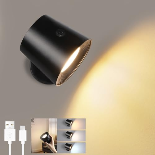 Homefire Wandlampe LED Wandleuchte Innen: Wandlampe mit akku ohne Stromanschluss mit Touch Dimmbar 360° drehbar Leselampe Schwarze Kabellose Wandlicht ohne bohren für Schlafzimmer Flur