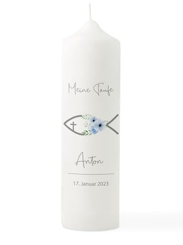 Taufkerze Fisch Blume blau, Taufkerze personalisiert, Taufkerze mit Taufspruch, Segenskerze, Geschenk zur Taufe, Taufgeschenk, Kindersegnung Kerze, Geschenk zur Taufe