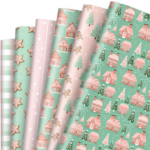 JarThenaAMCS 12 fogli di carta da regalo natalizia, non rotolo, con albero di pan di zenzero e stella, carta da regalo piegata piatta verde rosa per forniture per feste, 50 x 70 cm