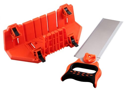 SUKITMISO Gehrungslade aus Kunststoff mit Handsäge, Schnittwinkel: 22.5°/45°/90°, Schneidlade und Stahl Säge Set, Gehrungslade mit verstellbaren Klemmbacken Für Architektonische Arbeiten Handwerker