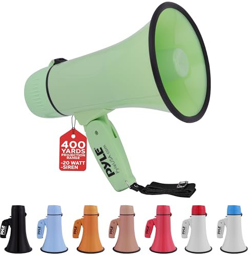 Pyle PMPRA213GR Lightweight and Portable Bullhorn Megaphone, Aux (3.5mm) Input for MP3/Music, Automatic Siren, 20-Watt, Mic/Talk (Green), Unisex-Adult, Verde, One Size