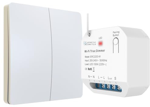 kinetic-switch Funklichtschalter Set dimmbar mit batterielosem Funkschalter (IP67) und smartem Kompakt-Empfänger auch über tuya App sowie Amazon Alexa und Google Home steuerbar (Weiß)