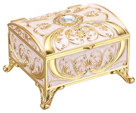 SUMTree Retro Schmuckschatulle Antik Klein Schmuckbox Vintage Schmuckkasten mit Deckel Beige Schmuckkästchen aus Aluminium Hochzeitsringe Box Schatztruhe für Ohrringe Damen Geschenk für Weichnachten