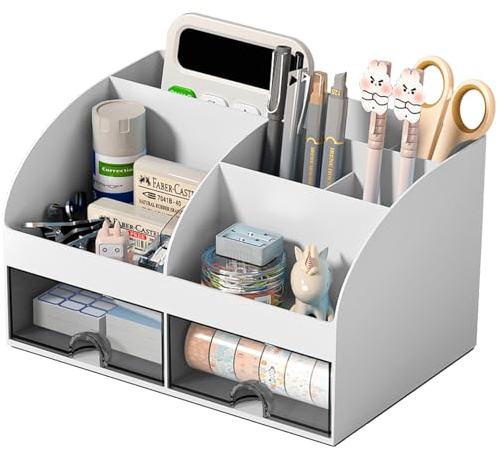 COMFYROOM Desk Organizer with 6 Compartments and 2 Drawers, Plastic Makeup Organizer, Pen Holder for Desktop Storage, Grey