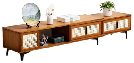 HHCTEBEC Meuble TV pour Salon Console MultiméDia TV en Bambou Centre De Divertissement avec Tiroir De Rangement Et Porte Coulissante pour Chambre à Coucher, Bureau,C,(126~210)*33 * 33cm
