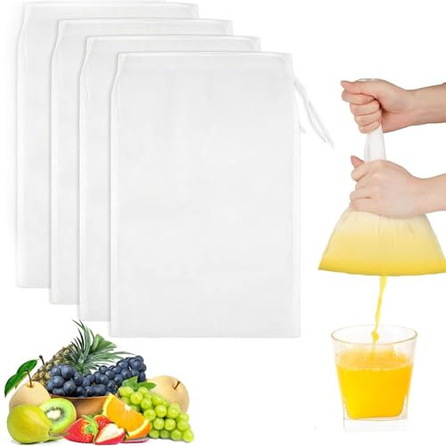 Nussmilchbeutel, 4 Stück Passiertuch Wiederverwendbar, 20 × 30 cm Feingewebt Passiertuch Nylon Filterbeutel Nussmilchbeutel Bio Waschbar mit Kordelzug für Nussmilch Käse Kaffee Joghurt Fruchtsaft