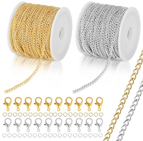 GOTDYBST 2 Stück 10 M Gliederkette Meterware, Ketten Zum Basteln, Mit 20 Karabinerverschlüsse Und 40 Ringen, Schmuck Basteln Zubehör für Die DIY-Schmuckherstellung (2 * 3mm)