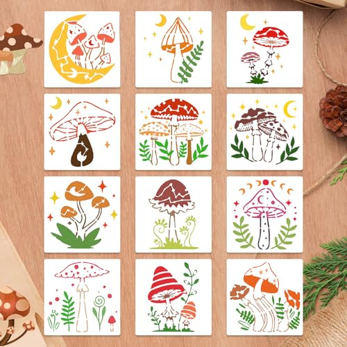 12 Pilz Schablonen, wiederverwendbare Kunststoff Handwerk Zeichnung Vorlage | Pilze Mondpflanzen Kunst Dekor Schablone für Malerei auf Wand, Leinwand, DIY-Projekte, Handwerk, Heimdekoration
