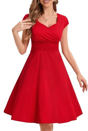 Fynadressr Women Elegant 1950s Vintage Summer Cocktail Dress 50s Retro Wedding Guest Party Swing Dress Red L