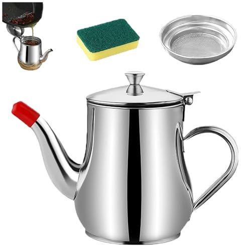 Vitalenergt Filter Pot, 2-in-1 Stainless Steel Oil Filter Pot with Strainer, 18/24/32/48 oz Kitchen Grease Saver with Spout & handle for Storing Cooking Oil (24 OZ)