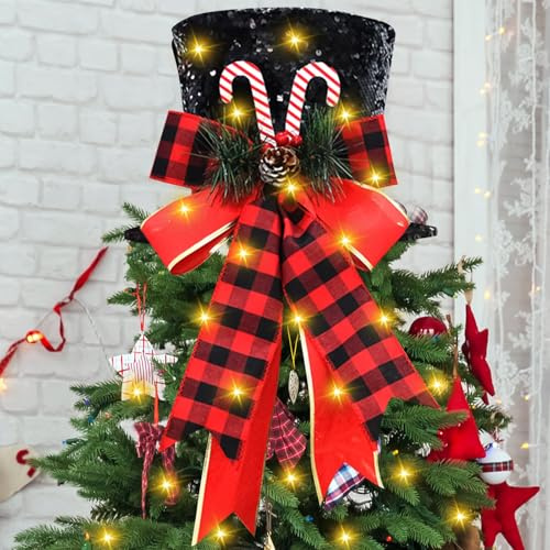 Christmas Tree Hat, 20 cm Large Red Top Hat with Bow and Lollipop Christmas Tree Topper with Bright LED Christmas Tree Topper (Black)