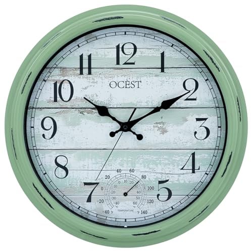OCEST 16 Inch Indoor Outdoor Clock, Waterproof Large Wall Clock with Thermometer, Silent Non-Ticking Battery Operated Decor for Patio Pool Porch Garden Garage（Retro Green）