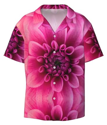 cchgnm Chemise de travail imprimée dahlia rose, chemise à manches courtes pour homme, chemise boutonnée de plage d'été, Noir , L