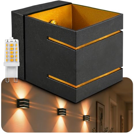 SSC-LUXon KOURA DUO Wandleuchte schwarz gold inkl. G9 3W Lampe warmweiß – Up & Down Wandstrahler innen indirekte Beleuchtung