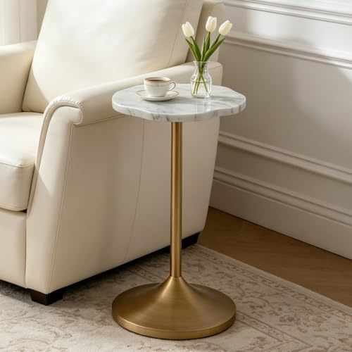 Aoligrace White Marble Drink Table,Small End Table with Metal Pedestal Stand,Antique Gold Cocktail Martini Tables for Small Spaces,Modern Side Tables for Living Room,Patio,Bedroom