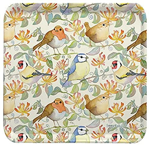 Tablett, Motiv Gartenvögel in Heckenkirschen, von Emma Ball, farbenfrohes, rechteckiges Melamin-Tablett, 29 cm