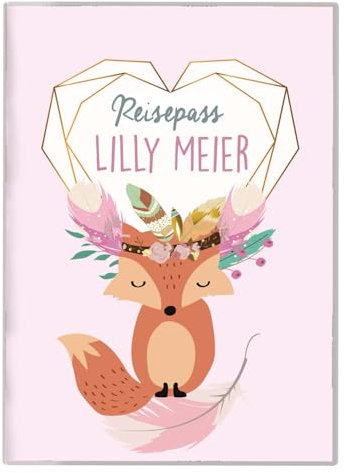 cozy racoon Reisepasshülle für Kinder | Hochwertige Hülle für den Reisepass Deines Kindes |Design Boho Fuchs Rosa (mit Name/mit Personalisierung)