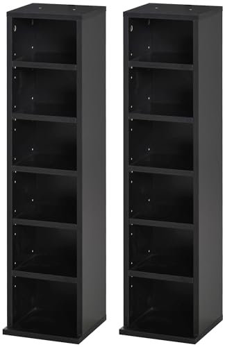 HOMCOM 204 CD Media Display Shelf Unit Set of 2 Blu-Ray Tower Rack w/Adjustable Shelves Bookcase Storage Organiser, Black