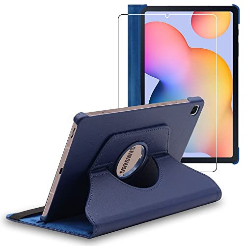 ebestStar - Hülle für Samsung Galaxy Tab S6 Lite 10.4 P610, P615 (2022, 2020), Drehbar Schutzhülle, PU-Lederhülle, Rotierende Ständer Etui, Rotating Case Cover, Dunkelblau + Panzer Schutz Glas