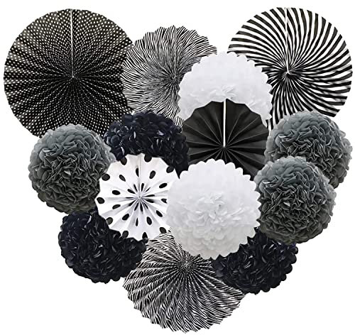 Gute Seidenpapier Pompons Pompoms Set Hängende Papier Fans Papierblumen Ball, Fächer Dekoration,Festival, Party Dekoration (Schwarz-Weiß-Thema)