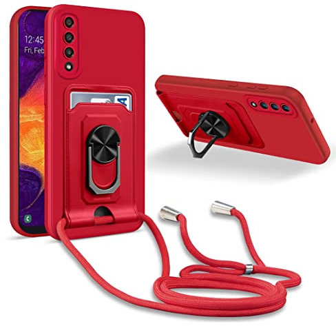 JMstore Handykette Schutzhülle Kompatibel mit Samsung Galaxy A50/A30S/A50S,360° Ring Ständer magnetisches Eisenblech+Kartenfach Kameraschutz Stoßfester Silikon hülle-Rot