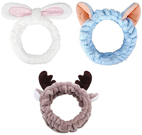 3 Stück Spa Wash Stirnband, Frauen Mode Plüsch Make Up Kosmetik Haarband, niedliche Kaninchen Hirsch Koralle Fleece Gesicht Haarband für Waschen Gesicht Dusche Sport Schönheit Kopf Wraps