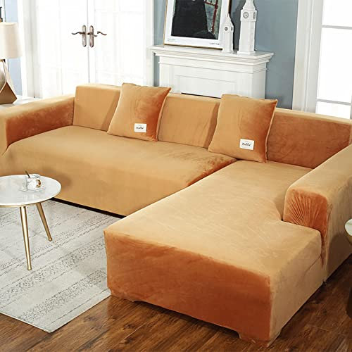 LJQAIZYL Sofabezug U Form,Sofa überzug Ecksofa L Form,Elastische Couchüberzüge Samt Couchbezug für Wohnzimmer,Sofahusse Beige Chaiselongue-Möbelschutz für Hunde Haustiere,Orange-ChaiseLongue+3seats