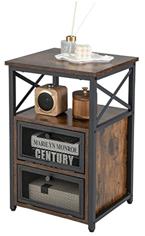 COSTWAY Beistelltisch Industrial schwarz, Nachttisch mit 2 Klappschubladen & offenem Regal, Nachtschrank Holz mit Metallrahmen, 4 Ebenen Wohnzimmertisch 40 x 35 x 60,5 cm (1)