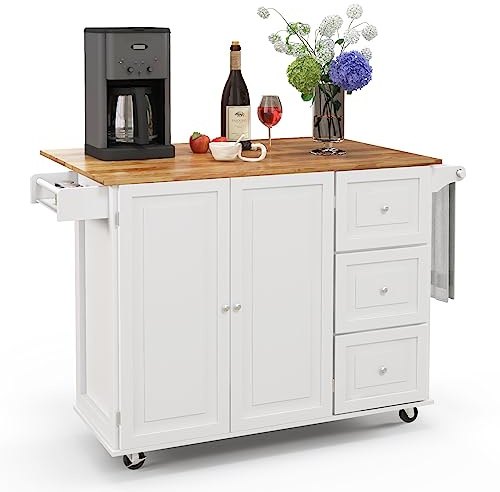 Giantex Faltbarer Küchenwagen, Servierwagen, Küchenschrank, Küchenmöbel aus Holz, Räder mit 2 Bremsen, Klappbrett und 2 verstellbaren Regalen, 136 x 76 x 91 cm (weiß)