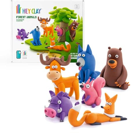 Hey Clay Forest Modelliermasse Starter Set Tiere Wald Modelliermasse für Kinder 6 Motive 15 Farben Big Set 6 Tiere 2 Werkzeuge mit interaktiver App Ungiftig