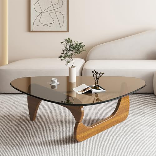 PRITIY Mesa de Centro de Cristal Mesa de Salón Moderna Mesas de Café Mesa Baja Superficie de Vidrio Templado, Marco de Madera,Coffee Table Walnut + Brown 91 × 65 ×40cm