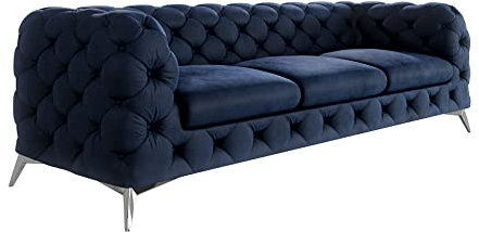 S-Style Möbel Maria Sofa 3-Sitzer Chesterfield-Sofa Wohnzimmer Lounge Couch mit verchromten Füßen Möbel Freistehende Polster Sofas & Couches Sofagarnitur Couchgarnitur Dunkel Blau 243x73x100 cm