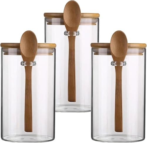BEVKAF Glass Storage Jars with Lids - High Borosilicate Glass Airtight Kitchen Food Canisters Cylinder Clear Preserving Seal Containers with Lid and Spoon (3 * 750ML)