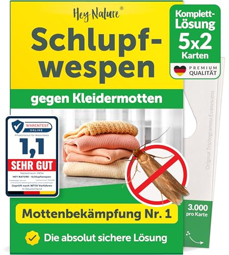 Hey Nature Schlupfwespen gegen Kleidermotten, 10 Karten (2 Karten à 5 Lieferungen). Natürlich & effektiv Kleidermotten bekämpfen mit Schlupfwespen gegen Motten. Alternativ zu Mottenkugeln, Mottenspray