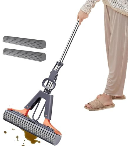Trapeador de esponja PVA, Trapeador con rodillo para piso | Trapeador exprimible para pisos con esponja de PVA para limpieza | 2 recambios de cabezal de esponja incluidos, fregona enrollable absorbent