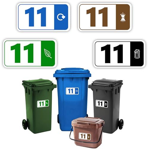 4 x Bin Numbers for Wheelie Bins, 1-99, ‘Waste Icon’ Design, 10x19cm Dustbin Stickers, Easy Application Stick On Number Stickers - Weatherproof Self Adhesive Vinyl – Blue, Black, Green and Brown (11)