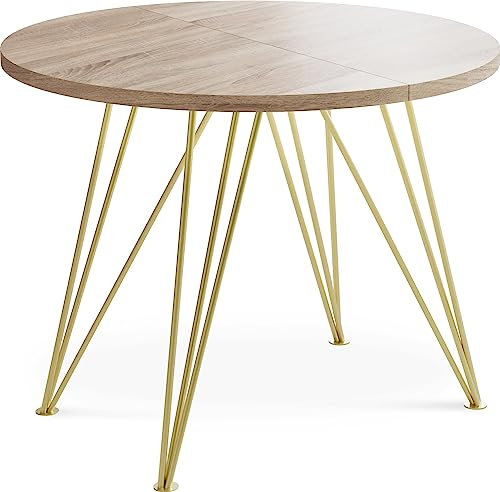 WFL GROUP Runder Ausziehbarer Esstisch - Loft Style Tisch mit Goldenen Metallbeinen - 100 bis 180 cm - Industrieller Glamour Tisch für Wohnzimmer - Spacesaver - Eiche Sonoma - 100 cm