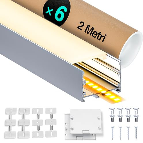 LASLUX LED Aluminium Profil 6 x 2m(12m) zur Aufhängung oder Oberflächenmontage für LED Streifen bis 40 mm Breite mit milchweißer PC Abdeckung und Zubehörset(SP42)