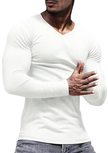Lehmanlin Mens Thermal Underwear Long Sleeve Muscle T-Shirt Slim Fit V Neck Undershirts Elasticity Ribbing Pullover Top