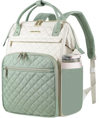 EMPSIGN 17 Inch Large Quilted Laptop Backpack for Women, Beige-Light Green