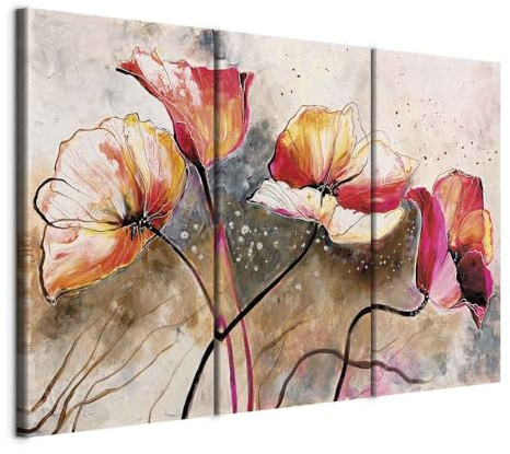 B&D XXL - Leinwandbild bunt Mohnblumen, 120x80 cm, 3-teilig, Schlafzimmer | Hochwertige Leinwand, sofort aufhängbar, ideal fürs Wohn- oder Schlafzimmer, wasserfest und lichtecht, langlebig, stilvoll