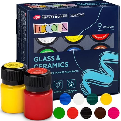 Decola - Set de colores para porcelana | 9x20ml Pintura permanente para vidrio y cerámica | Alta opacidad en superficies oscuras | Fabricado por Nevskaya Palitra