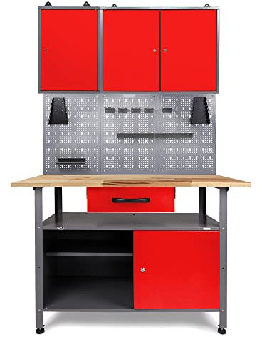 Ondis24 Werkstatteinrichtung Klaus, Metall, 2 Werkstattschränke, Lochwand, Hakensortiment, LED (Arbeitshöhe 85 cm, Rot)